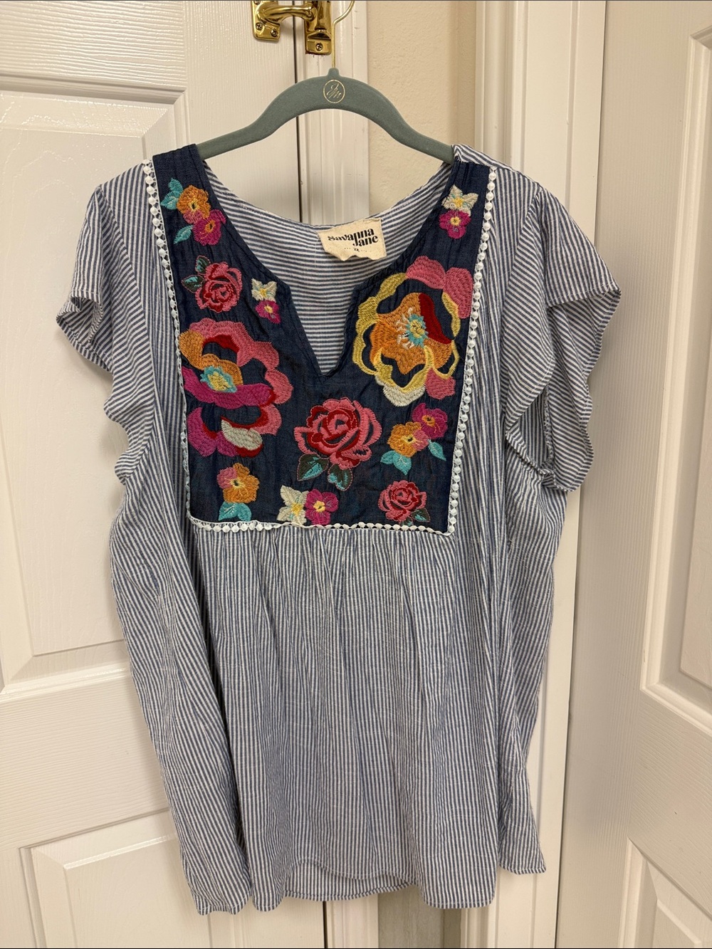 Savanna Jane Embroidered Floral Stripe Tunic - Multicolor on Navy & White